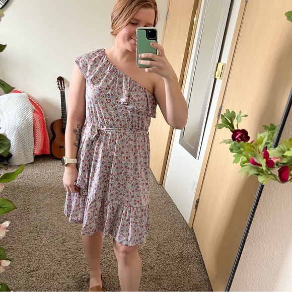 NWT Heatherly Women's One Shoulder Dress Blue Floral Tie Waist Ruffle, Sz Large - Picture 5 of 8